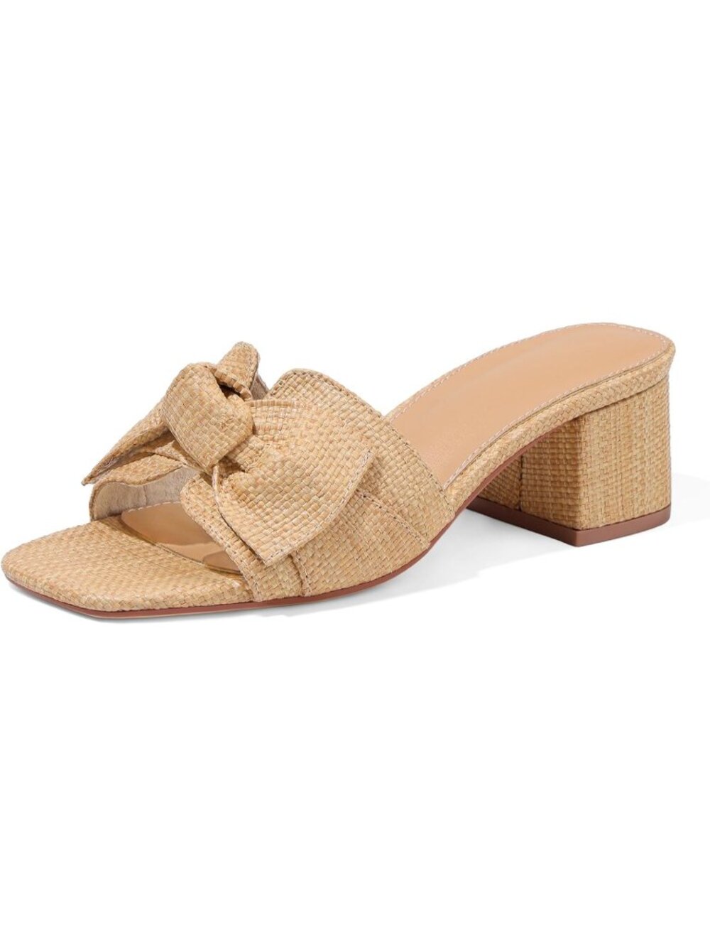 Women's Natural Summer Chunky Heels Square Toe Mules Slip On Heeled Sandals - Picture 1 of 6